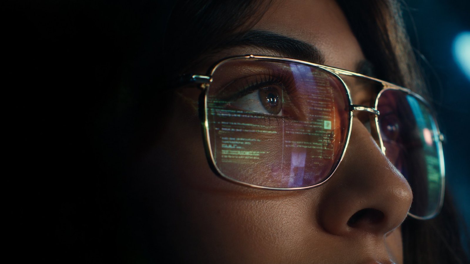 Close-up of a woman wearing glasses that reflect glowing green code