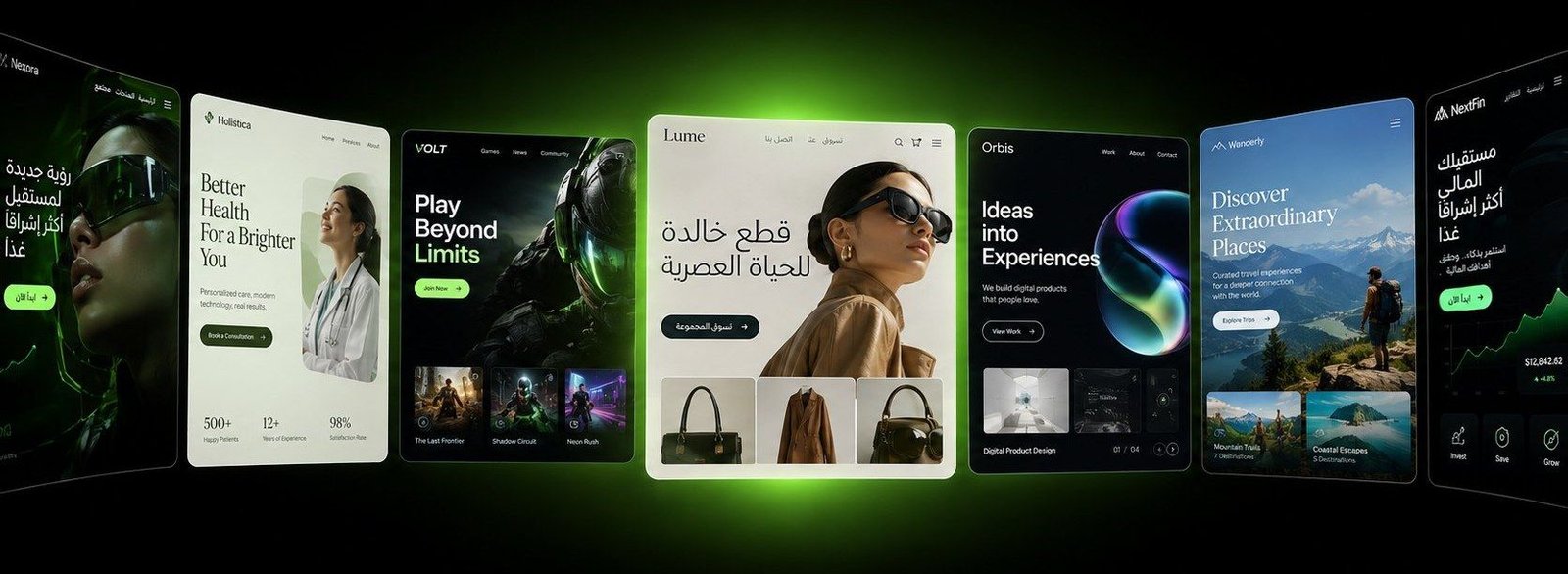 A perspective arc of seven website and app mockups with a green glow behind the centre one