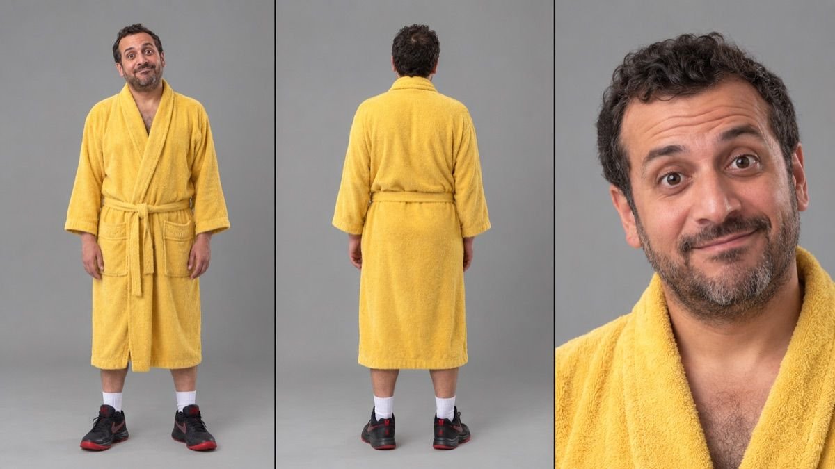 Man in a yellow bathrobe — front, back and close-up