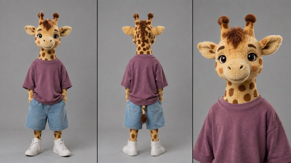 Giraffe mascot character in a t-shirt and denim shorts — front, back and close-up