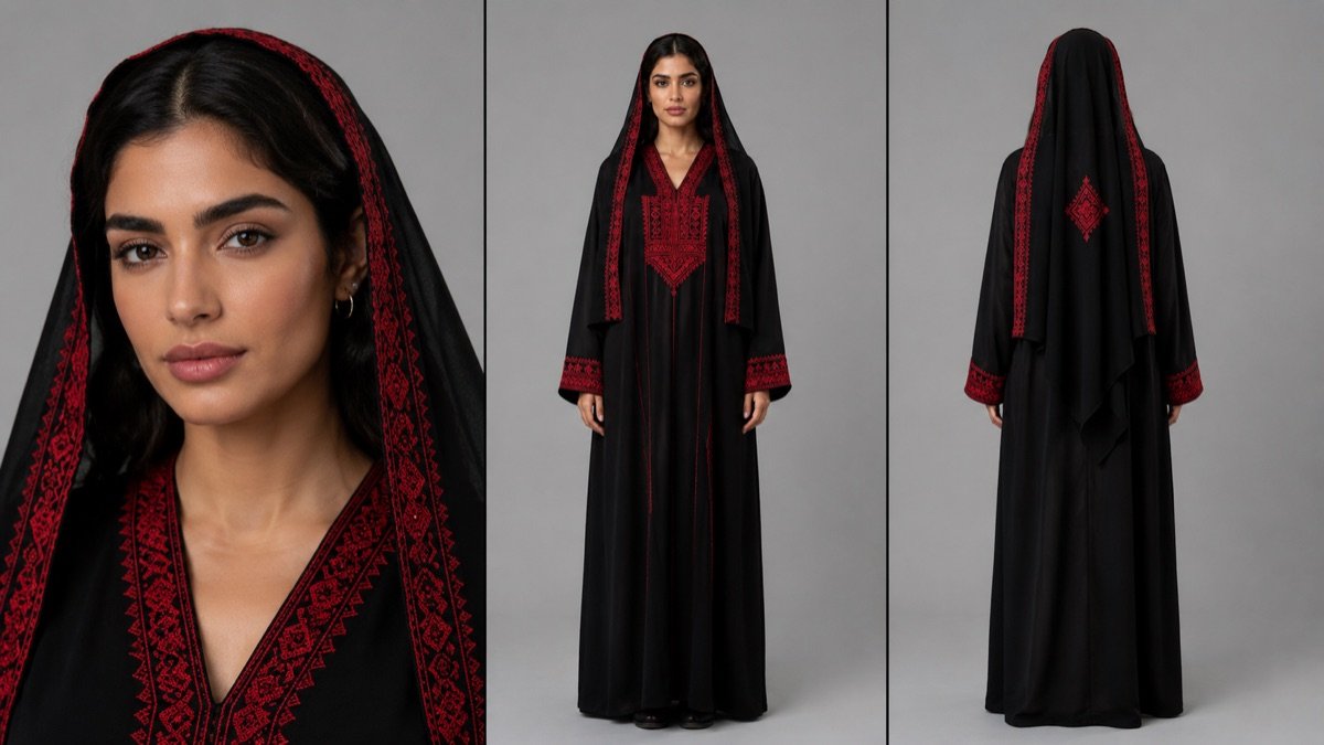 Woman in a black embroidered thobe — close-up, front and back