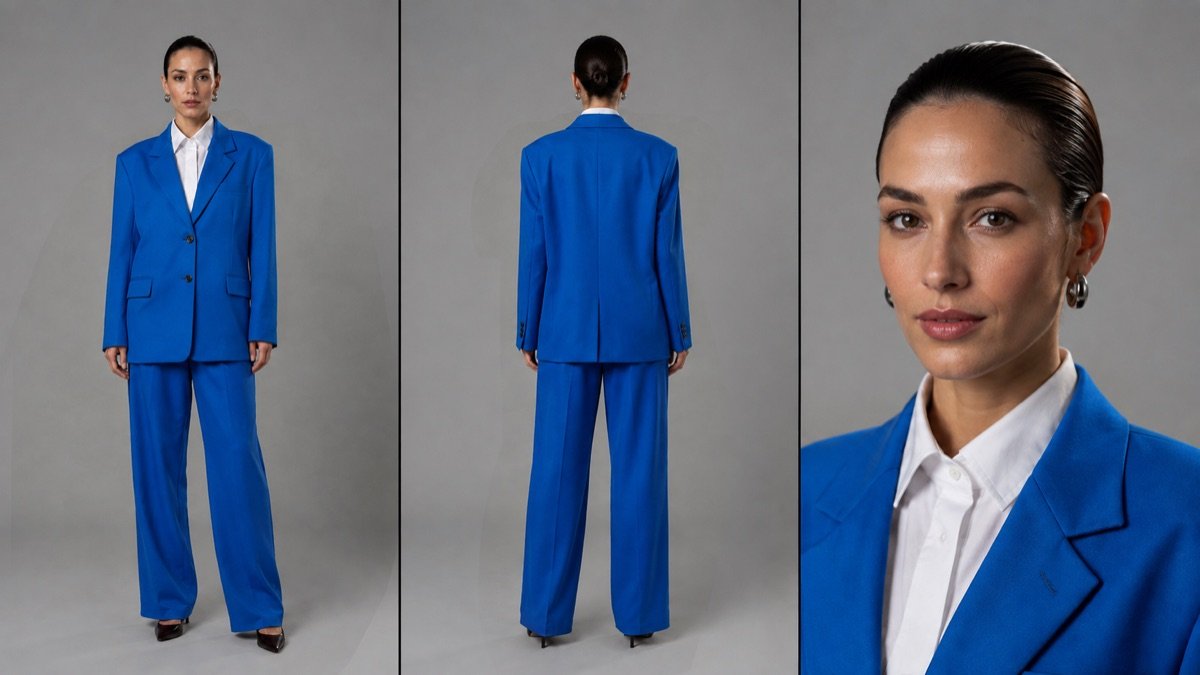 Woman in a blue tailored suit — front, back and close-up