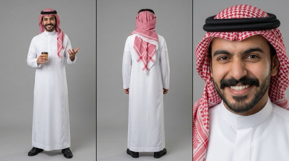 Man in a white thobe and red shemagh — front, back and close-up