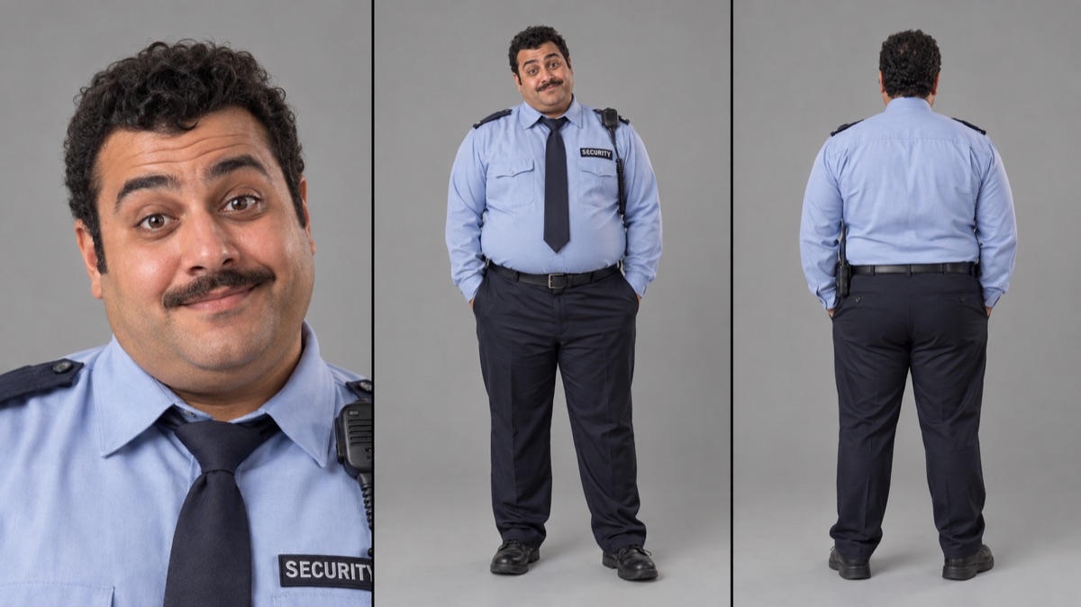 Security guard in uniform — close-up, front and back