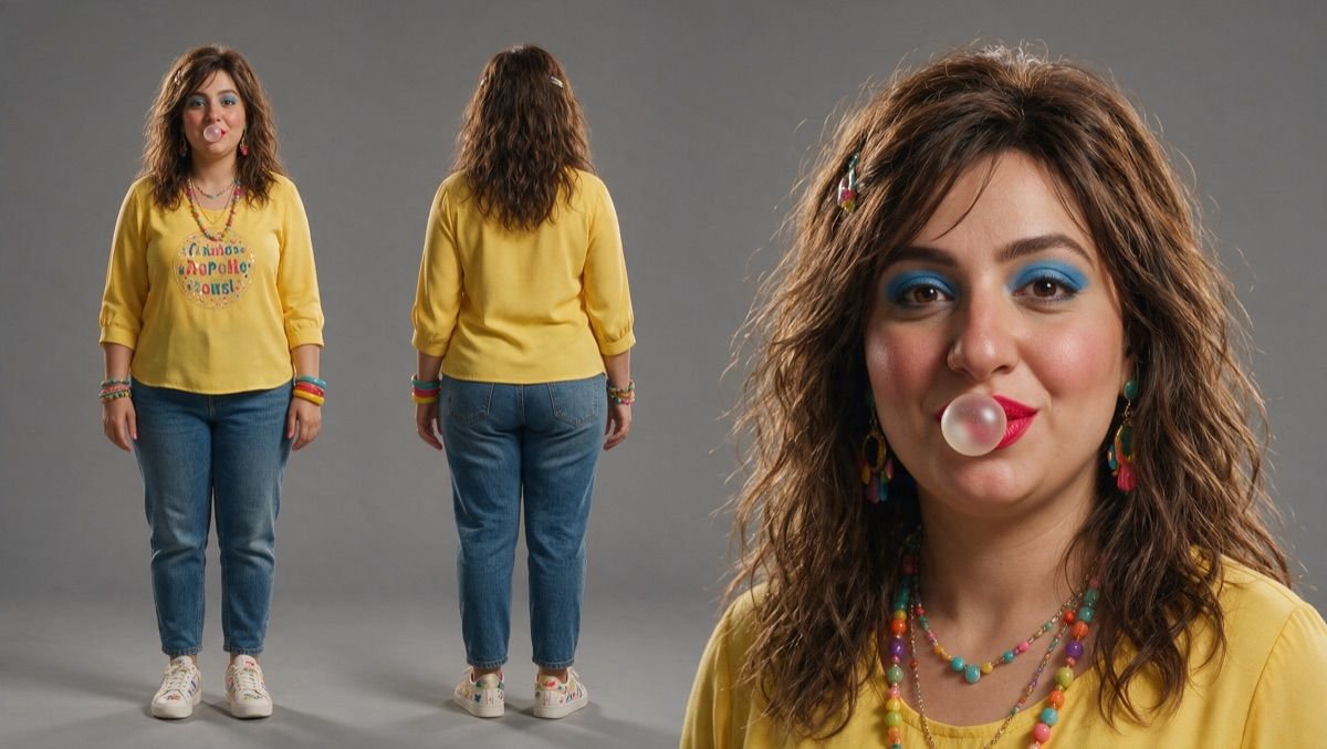 Woman in a yellow top blowing bubble gum — front, back and close-up