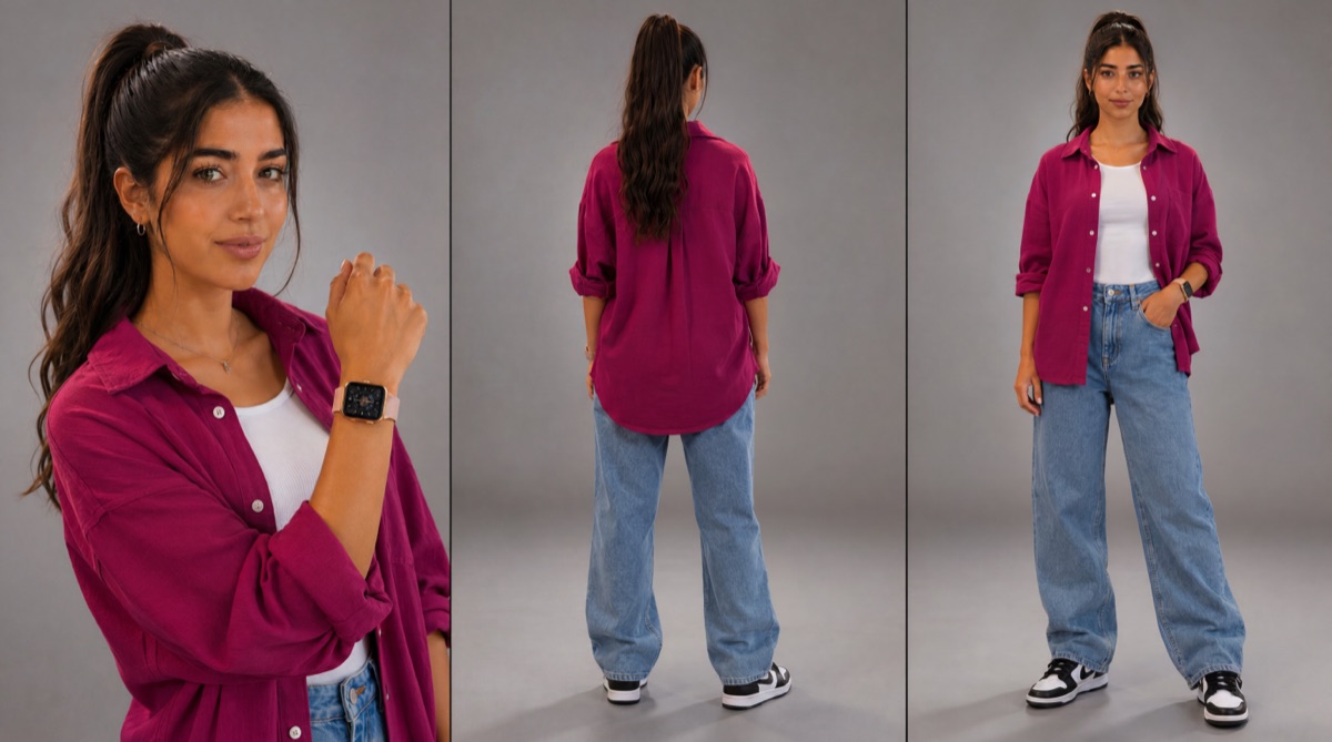 Woman in a magenta shirt and jeans — close-up, back and front