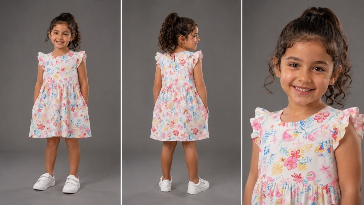 Girl model in a floral summer dress — front, back and close-up