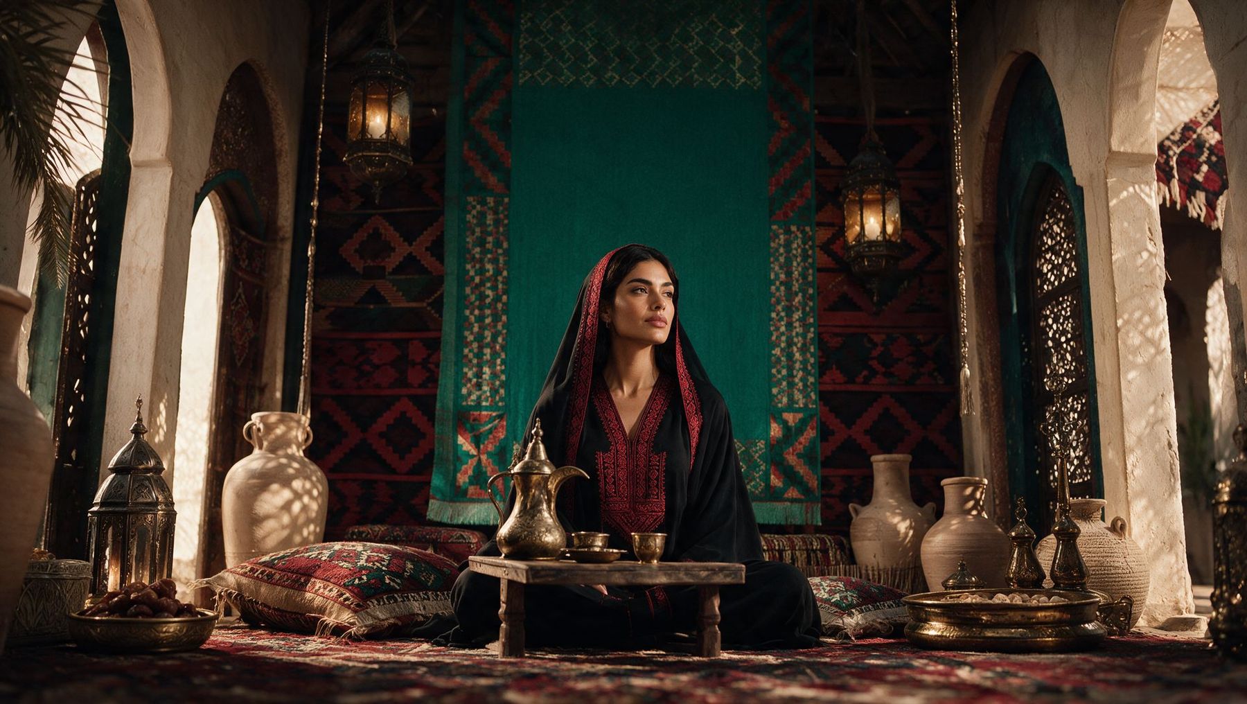 An Arabic woman seated in a richly decorated majlis with lanterns and woven rugs
