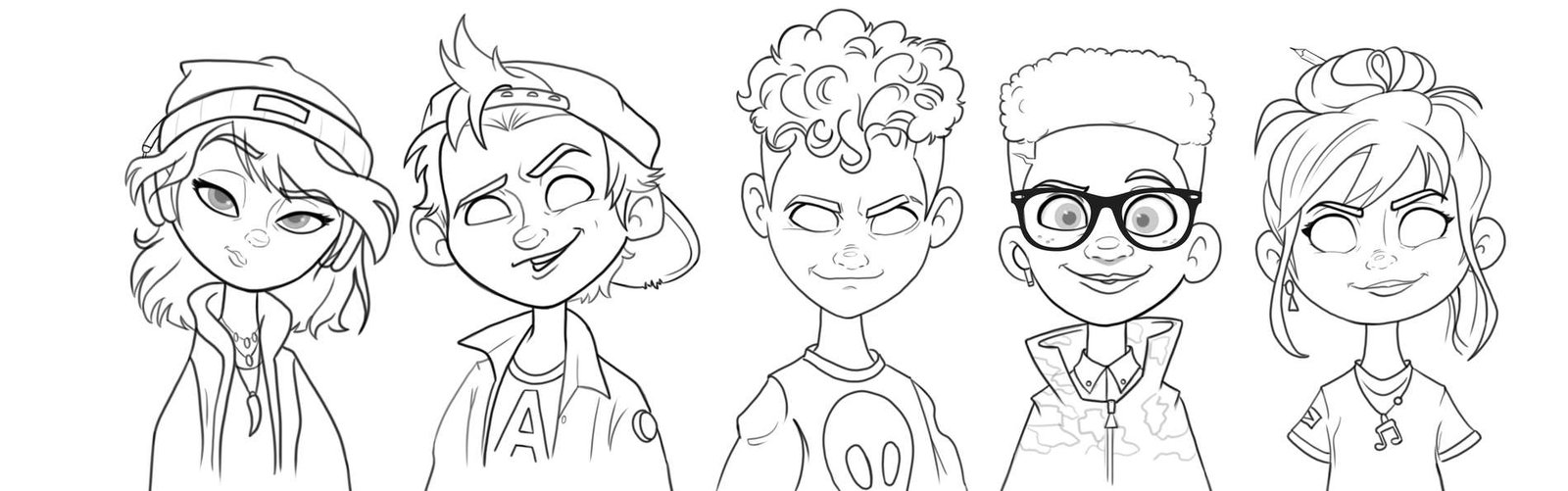 Inked line-up of the five Avatar Puffs characters