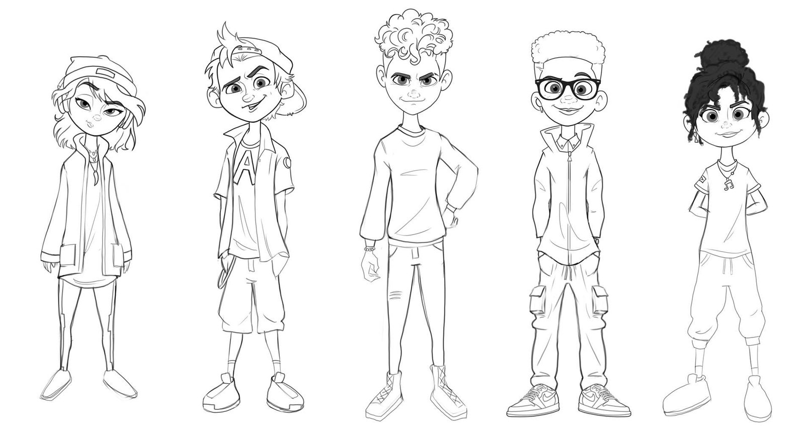 Full-body concept line art of the five Avatar Puffs characters