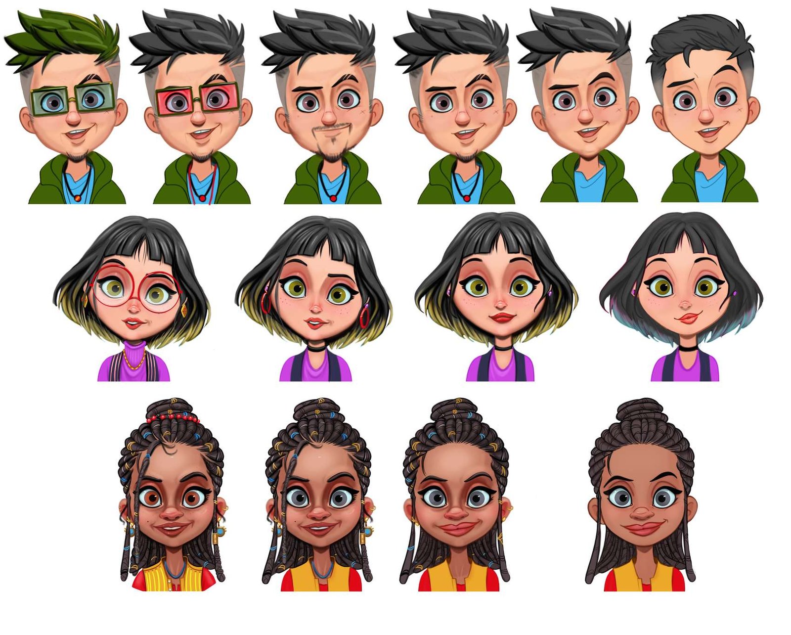 Expression sheets for the Avatar Puffs characters