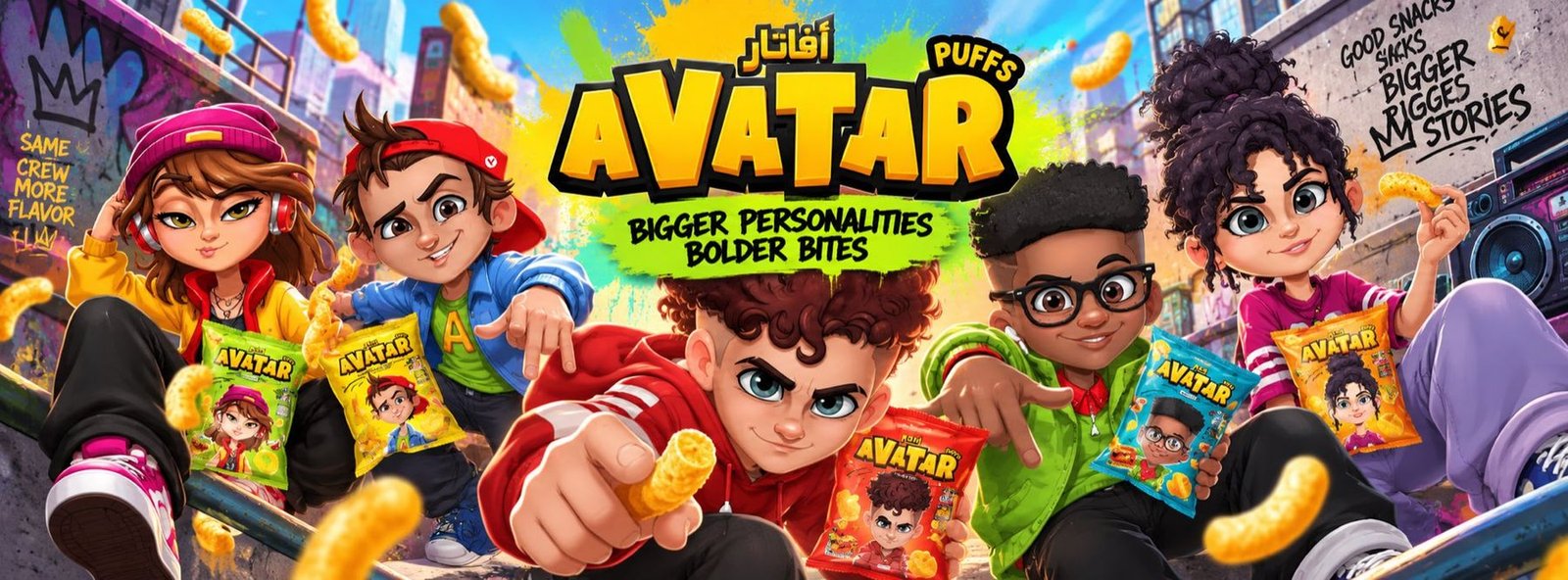 Avatar Puffs key art — the five-character cast: bigger personalities, bolder bites