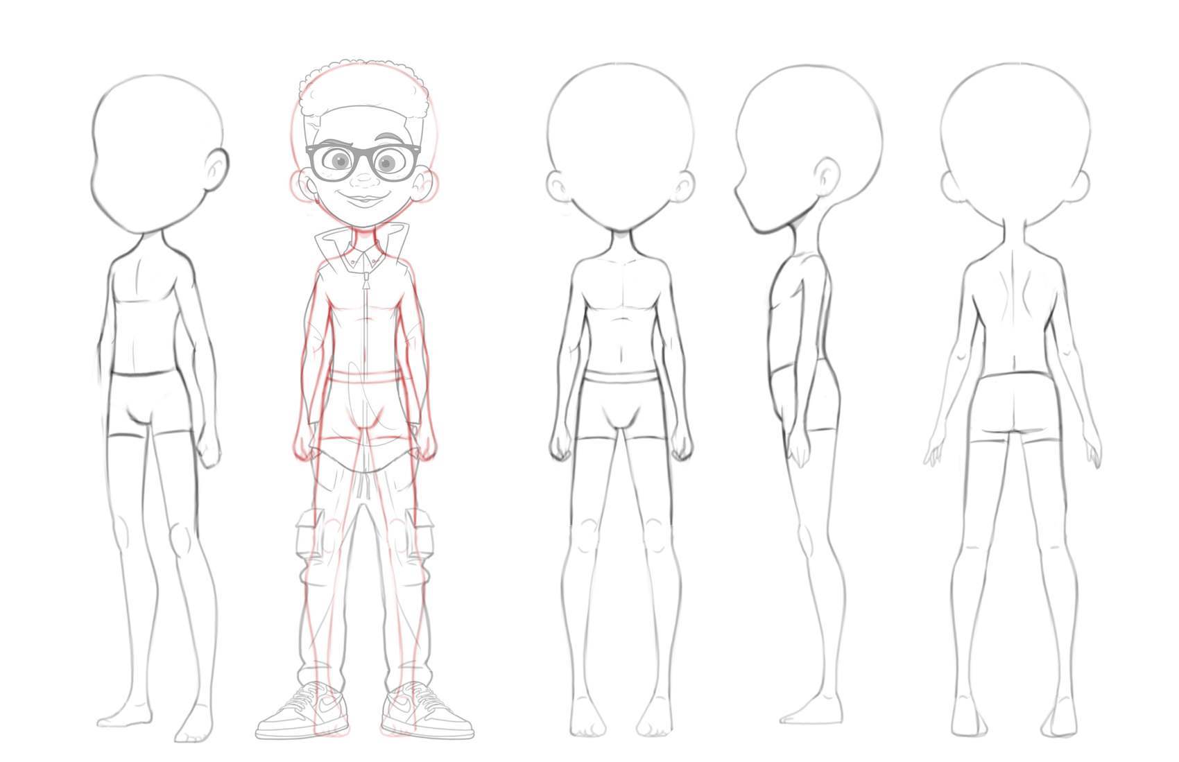 Avatar Puffs boy character turnaround model sheet
