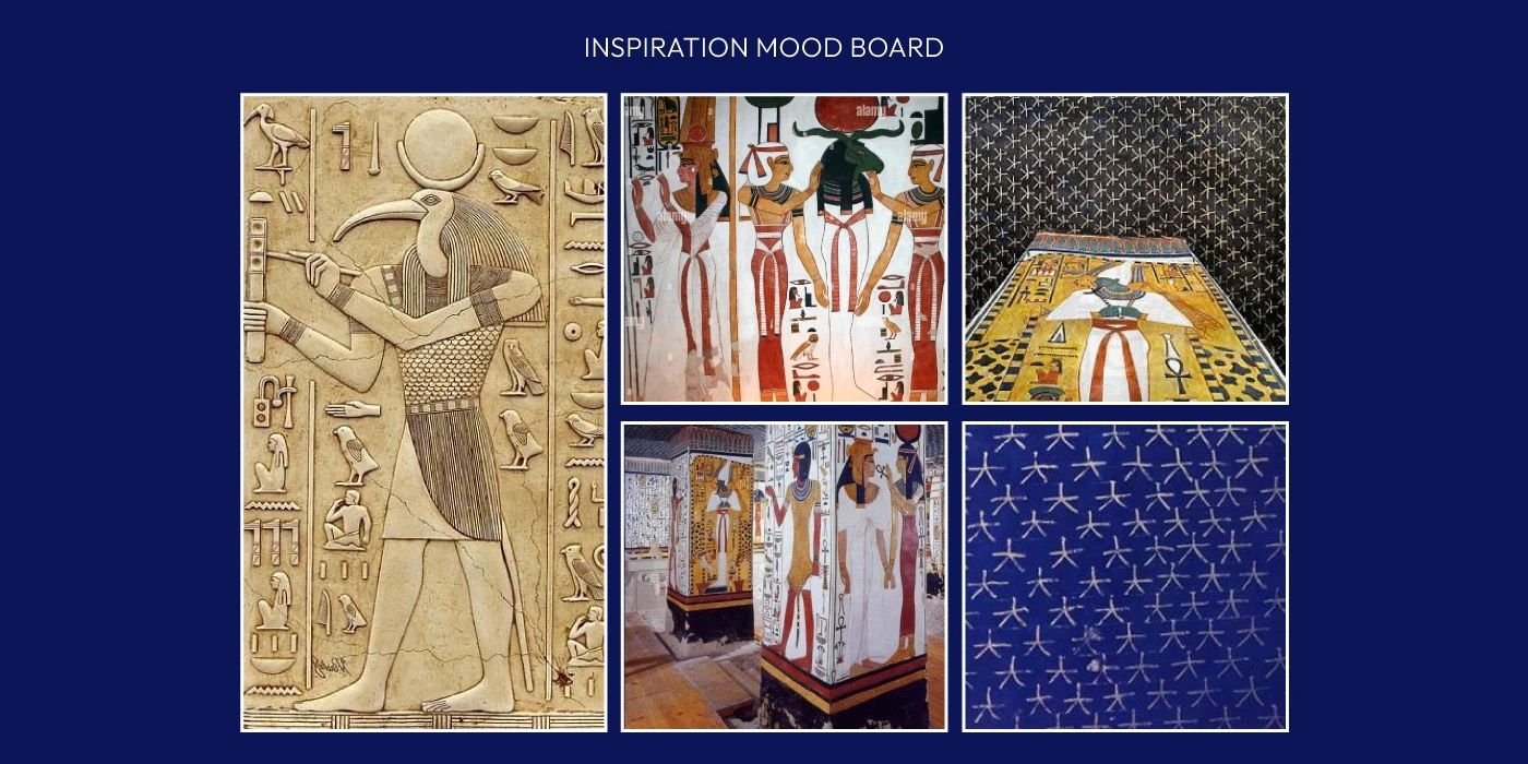 Inspiration mood board — ancient Egyptian reliefs, tomb paintings, gold and starry navy ceilings