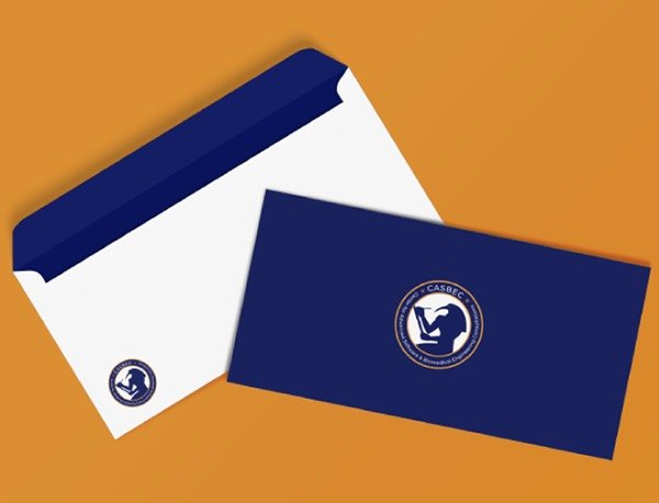 CASBEC branded envelope in navy and white