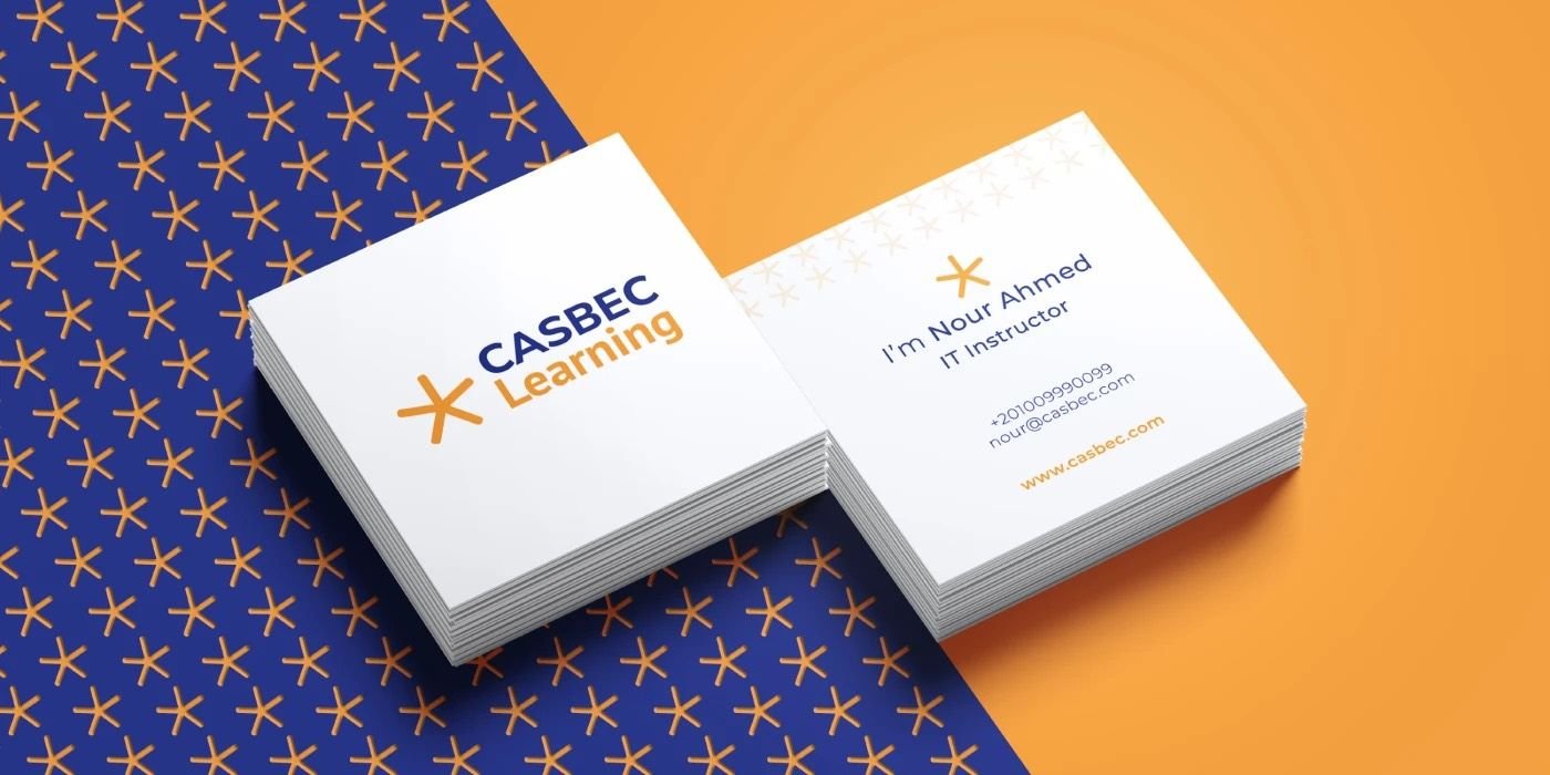 CASBEC Learning square business cards in white, orange and navy