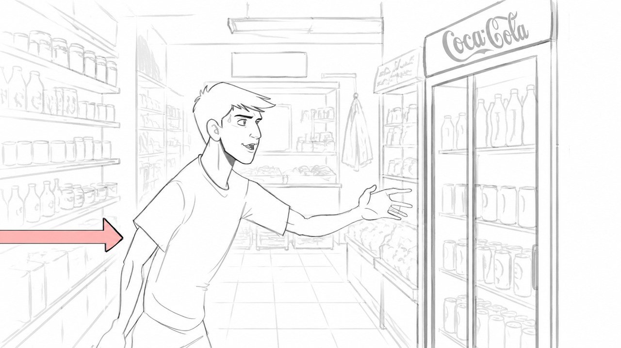 Storyboard sketch — a boy reaching into a shop fridge