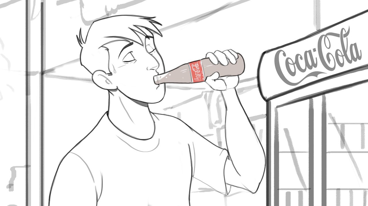 Storyboard sketch — the first sip on the street