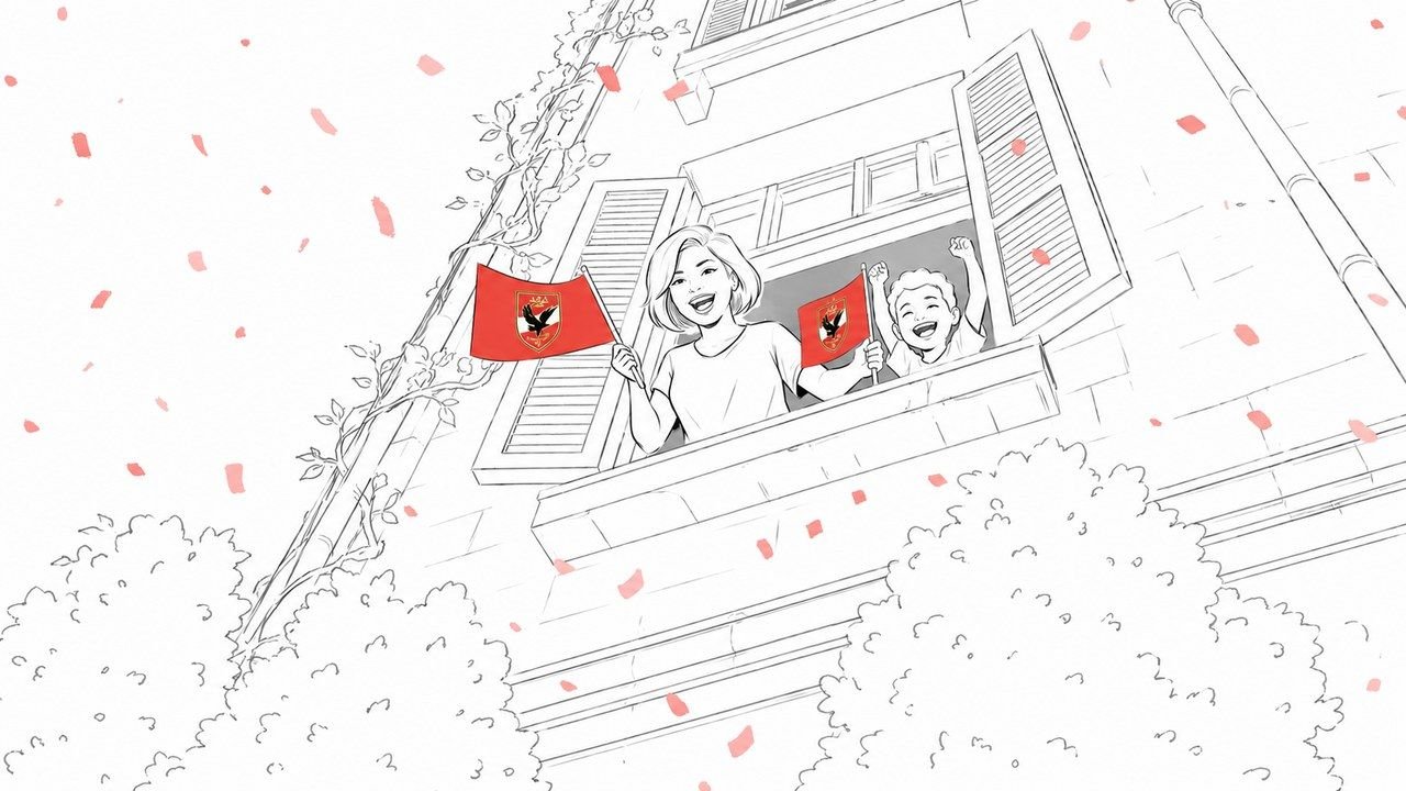 Storyboard sketch — a family at the window with flags