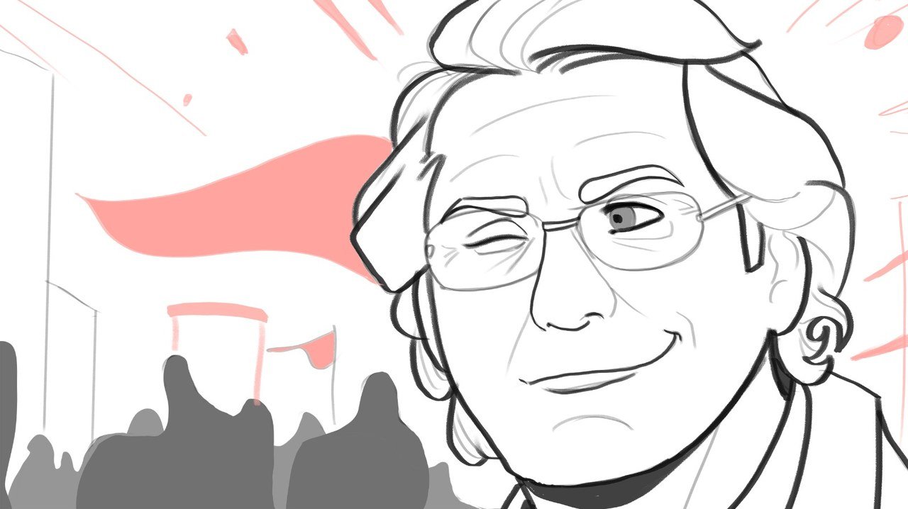 Storyboard sketch — an elder waving a flag