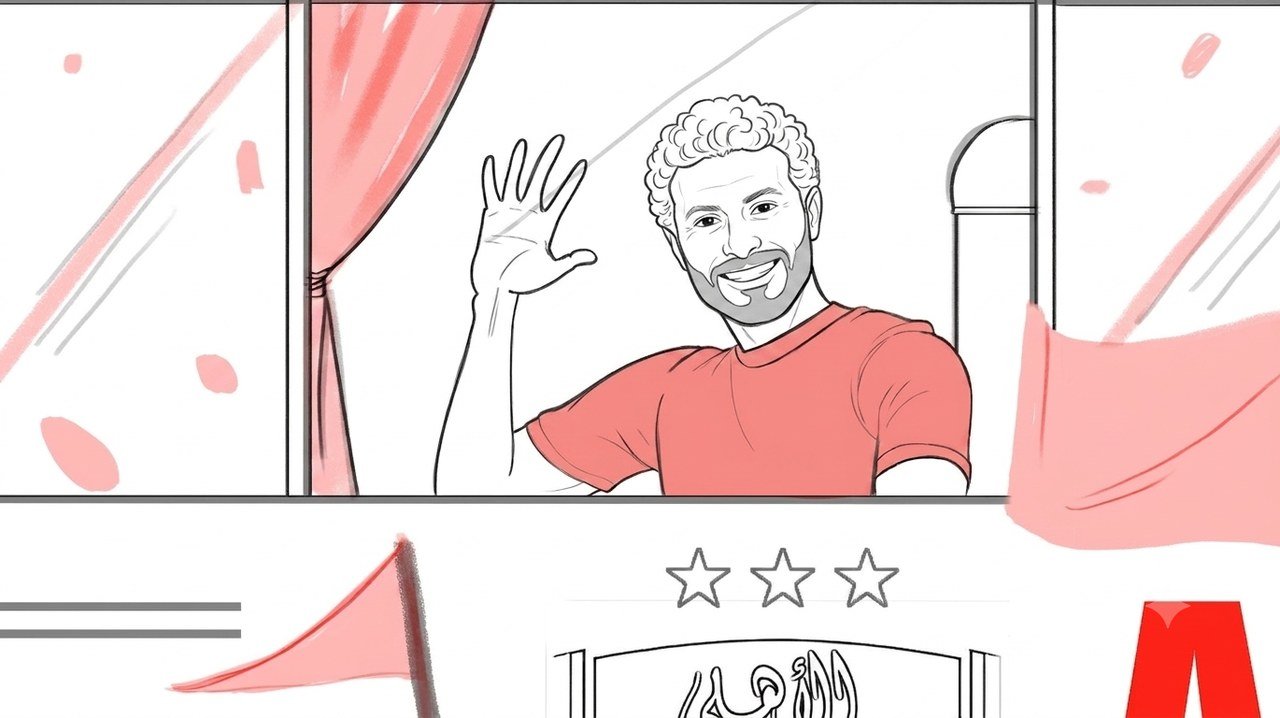 Storyboard sketch — a smiling supporter in red waving