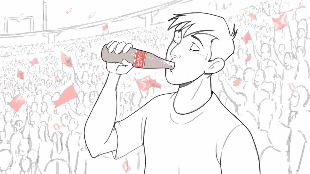 Storyboard sketch — the hero sip with ‘40 years with Al Ahly’ in Arabic