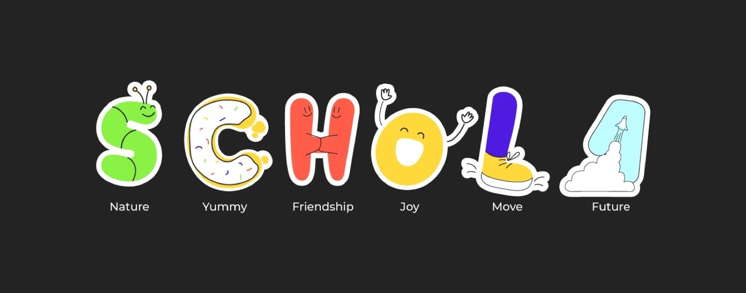 D-Schola playful letter cast — Nature, Yummy, Friendship, Joy, Move, Future