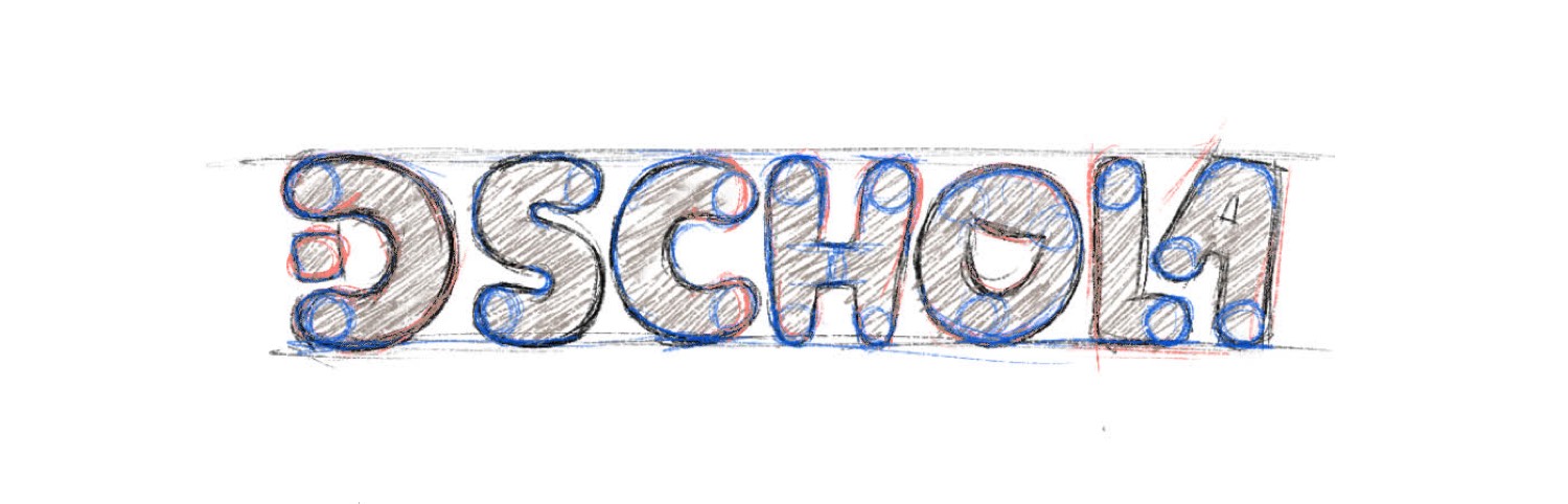 Hand-drawn construction sketch of the D-Schola logotype