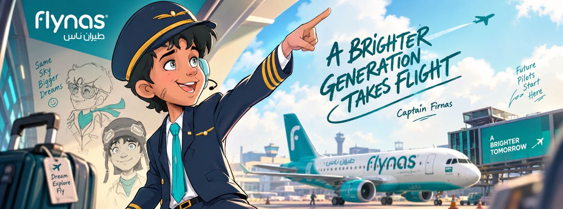 Captain Firnas key art — a young pilot pointing to the sky beside a flynas aircraft: a brighter generation takes flight