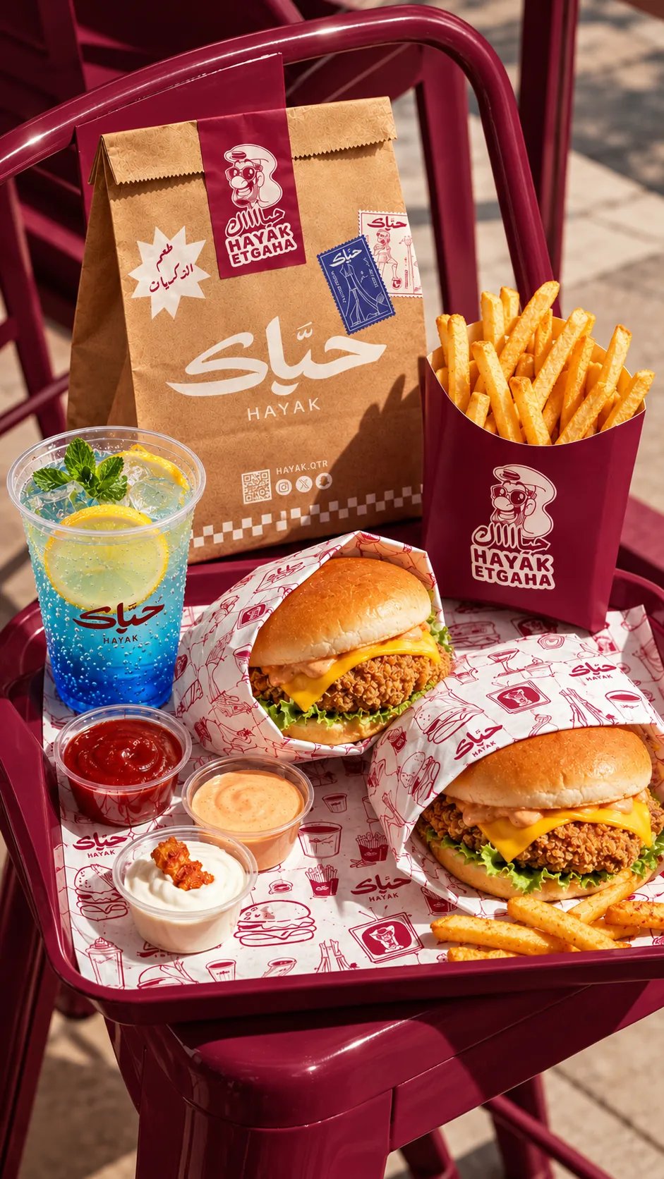 Two Hayak burgers with fries, dips and a blue soda on a wine-red tray