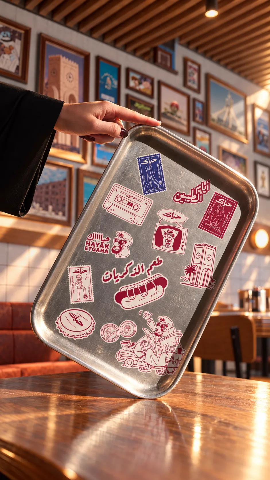 A steel café tray covered in Hayak stickers