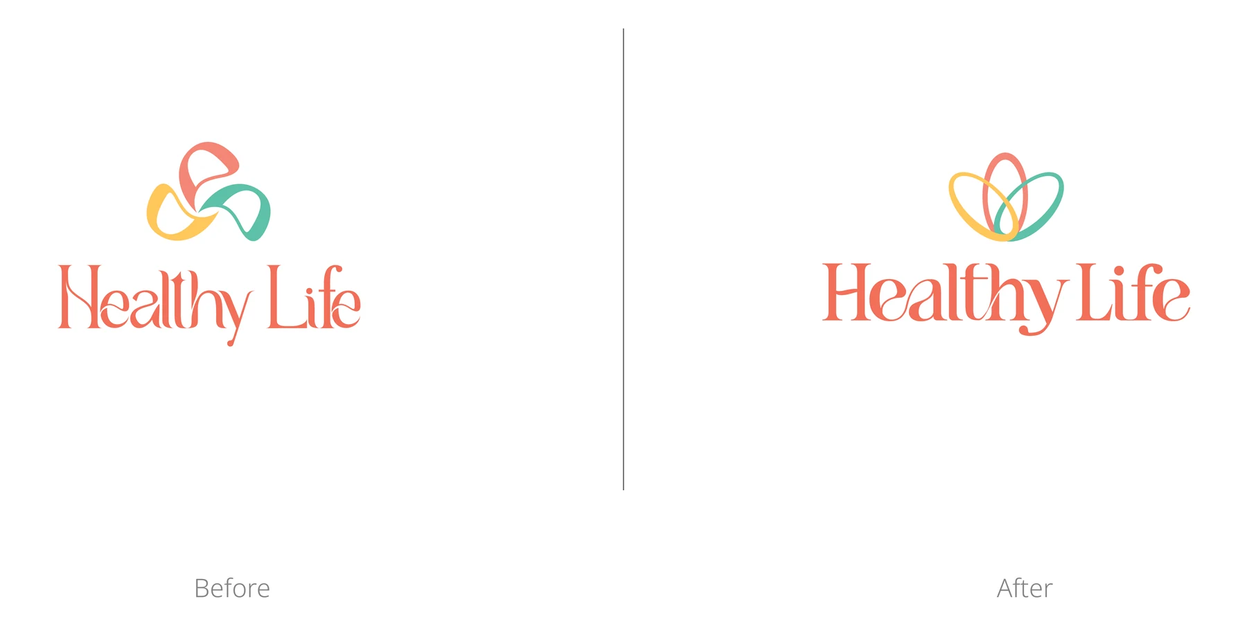 Side-by-side comparison of the Healthy Life logo before and after the facelift — the same coral wordmark, with a rebalanced flower-shaped icon on the right