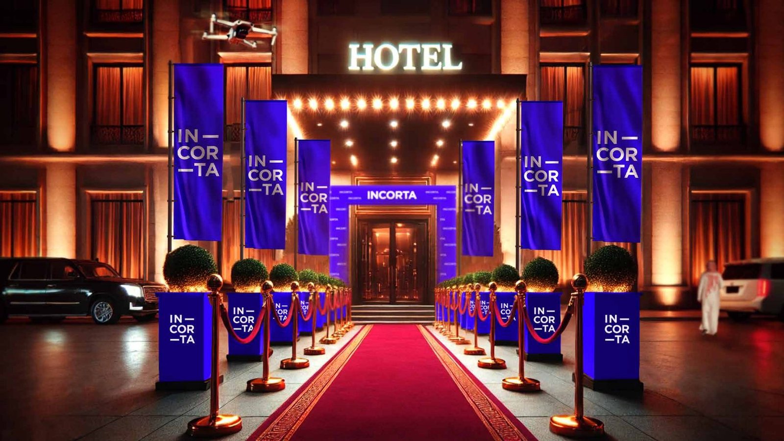 Hotel entrance concept — a red carpet lined with tall Incorta banners