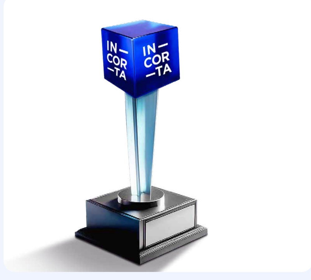 Crystal award topped with the Incorta identity mark, designed for the event's honours