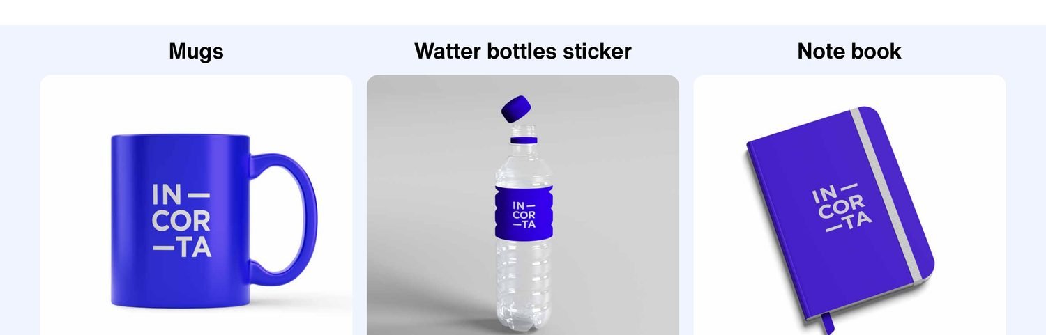 Incorta branded merchandise — mugs, water bottles and notebooks