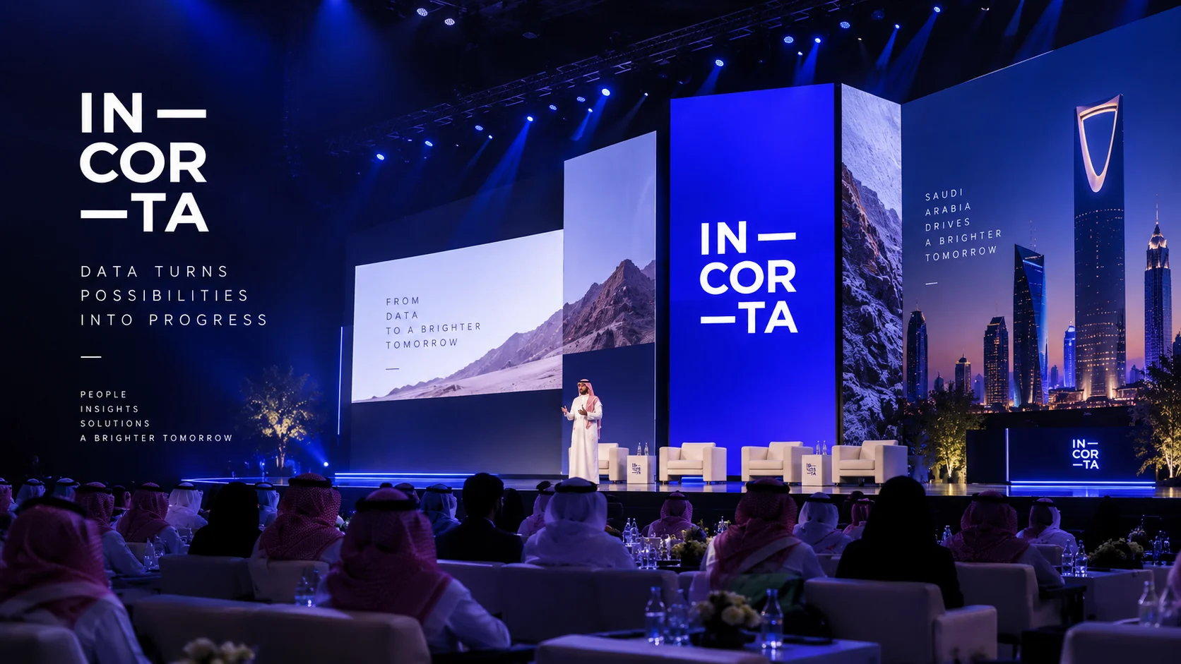 Incorta No Limits 2025 — keynote main stage with IN—COR—TA screens, audience and Saudi skyline in Incorta indigo