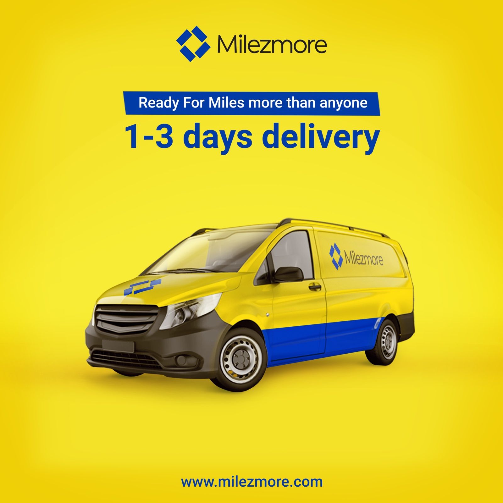 Milezmore branded yellow delivery van — 1–3 days delivery