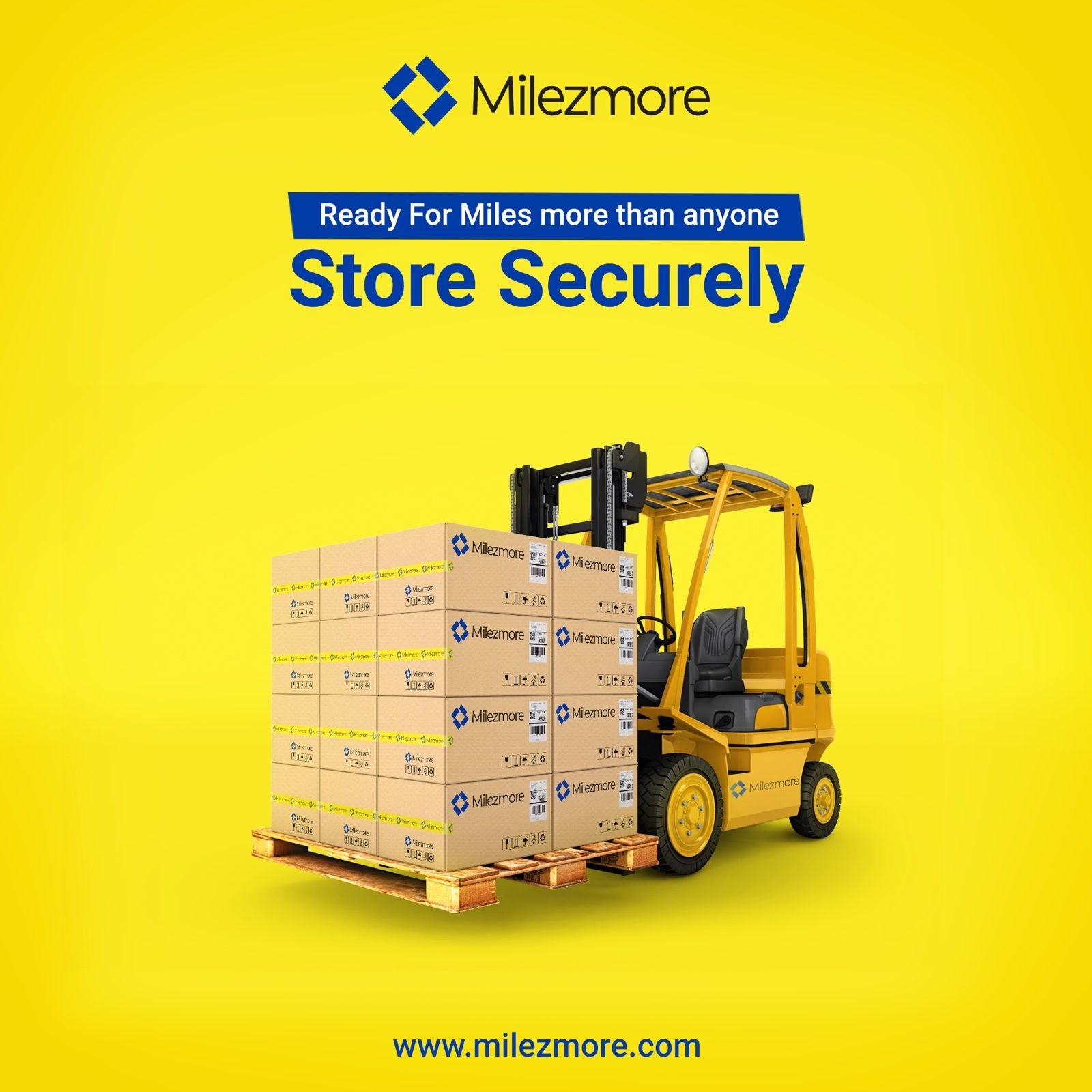 Store securely — forklift and pallet of Milezmore boxes