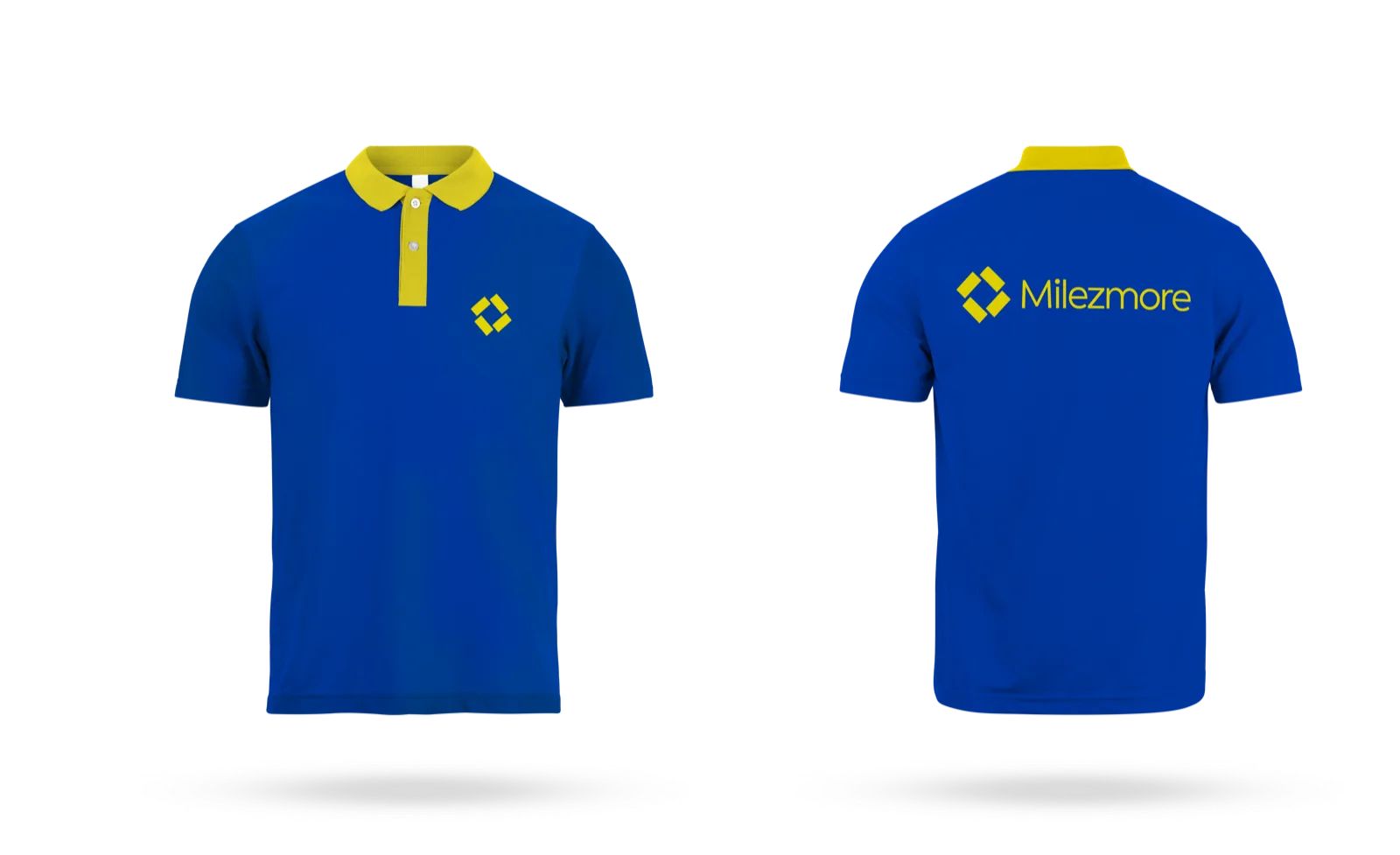 Royal-blue Milezmore polo with yellow collar, front and back