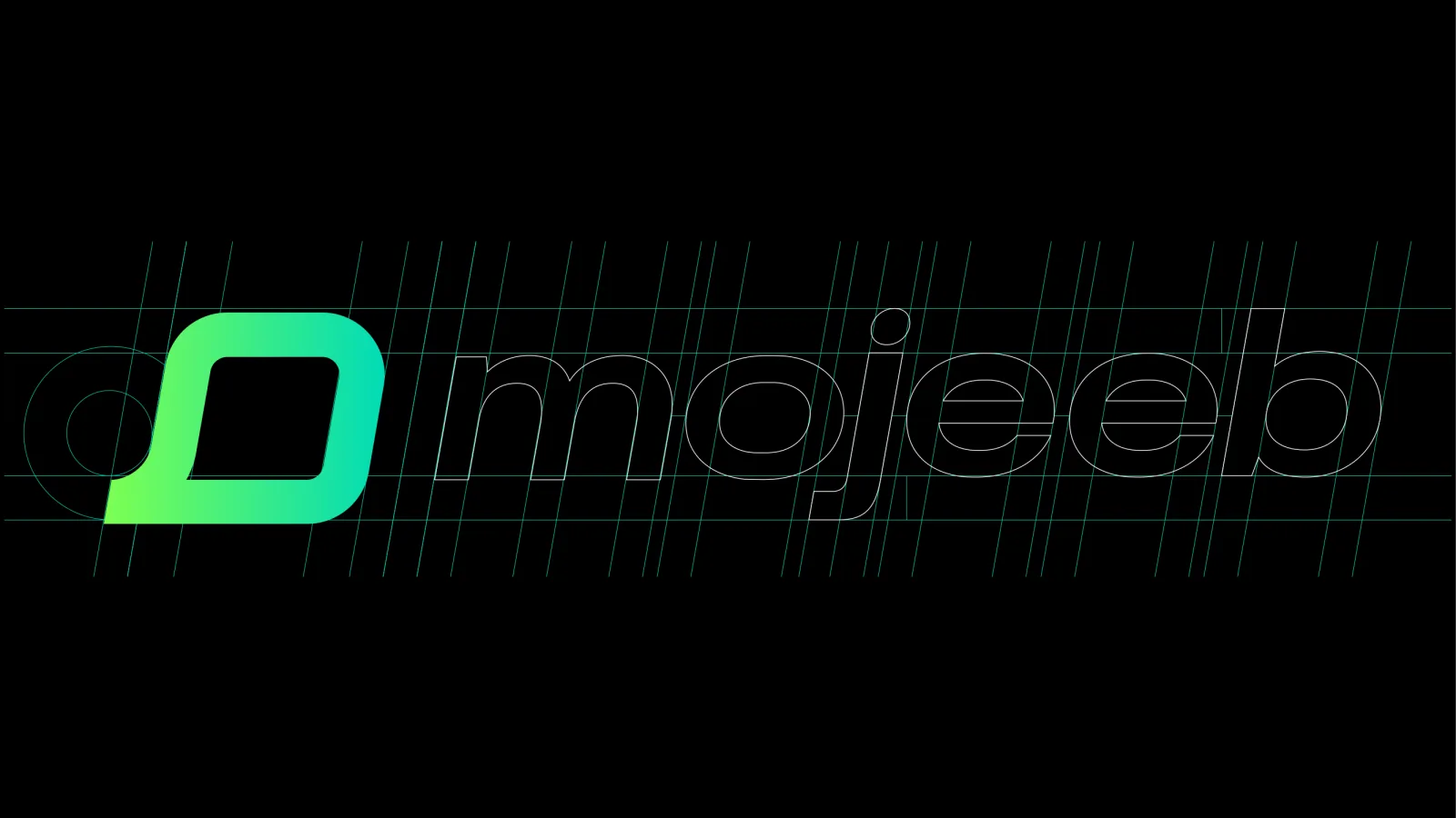 The Mojeeb logo construction grid — circles, verticals and baselines mapped over the mark and wordmark