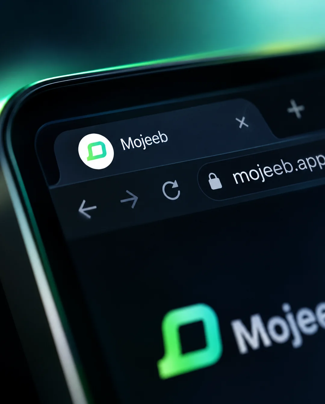 Close-up of a phone showing the Mojeeb site and favicon in a browser tab