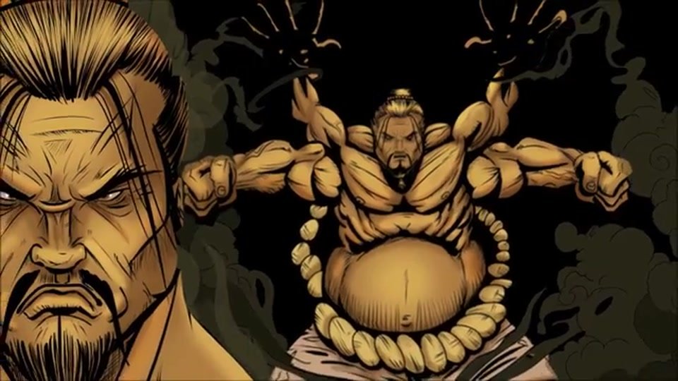 The pharaoh's bloodline — a bearded warrior beside a golden heroic figure
