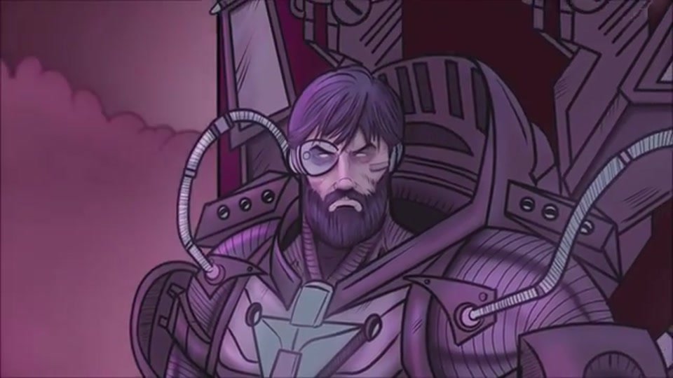 An architect character with mechanical goggles under a purple sky