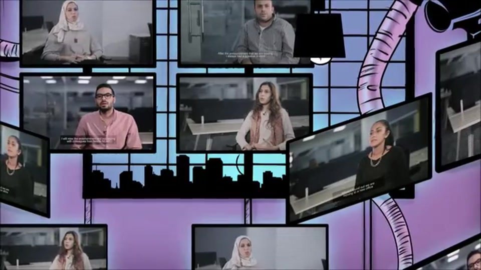 A grid of comic panels filled with real employee interview footage