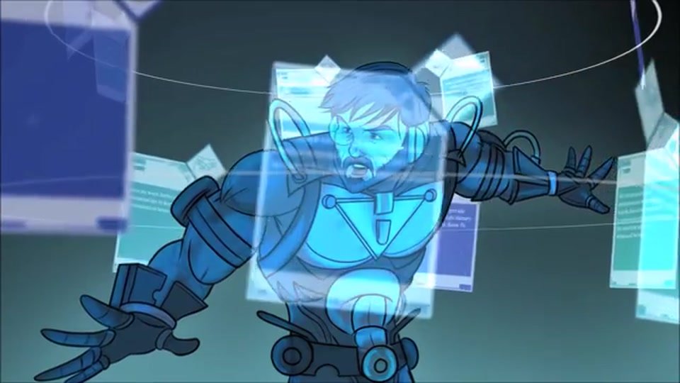 The hero among floating holographic story interfaces
