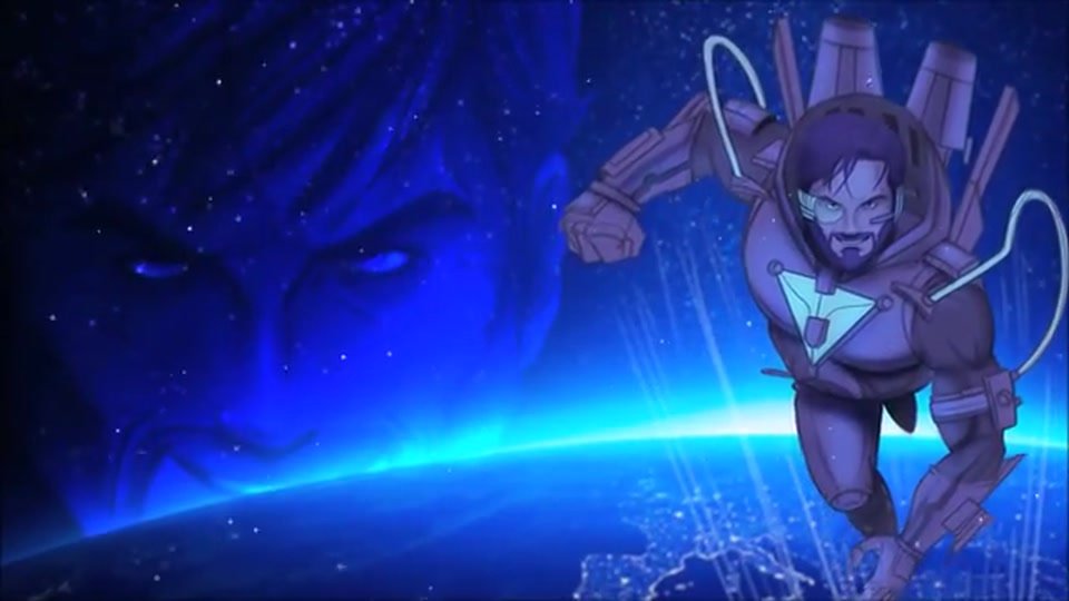 The hero rising above the earth in blue cosmic light