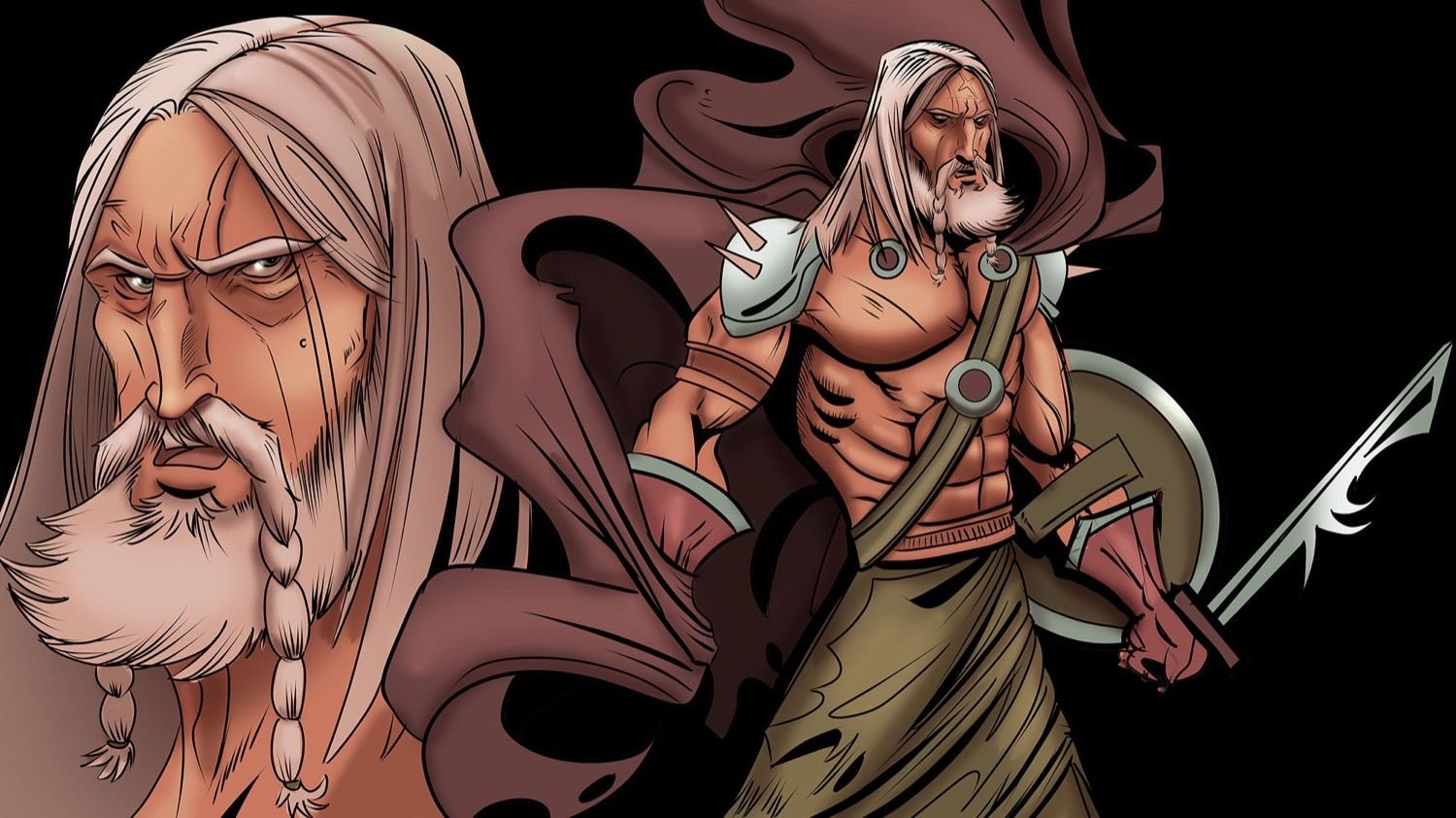 Character key art — a white-haired elder with spear and shield