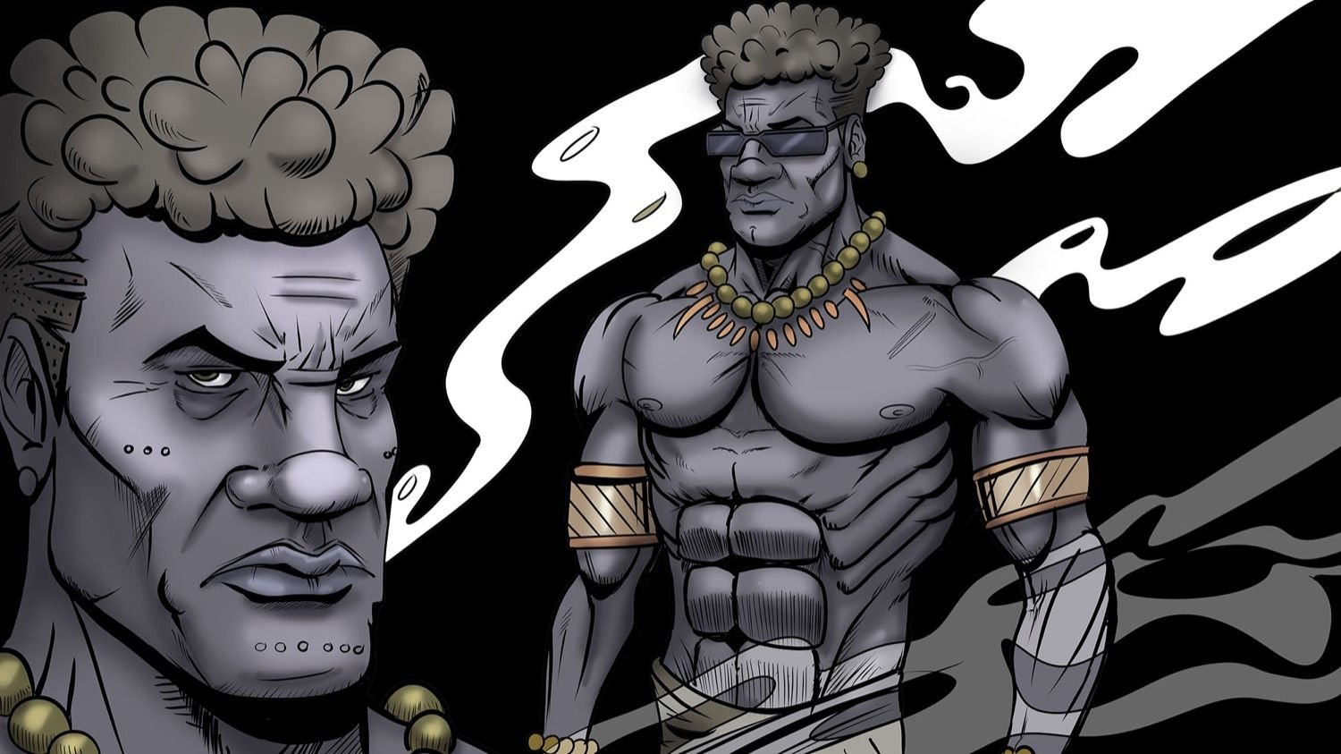 Character key art — a powerhouse ally with gold cuffs and dark shades