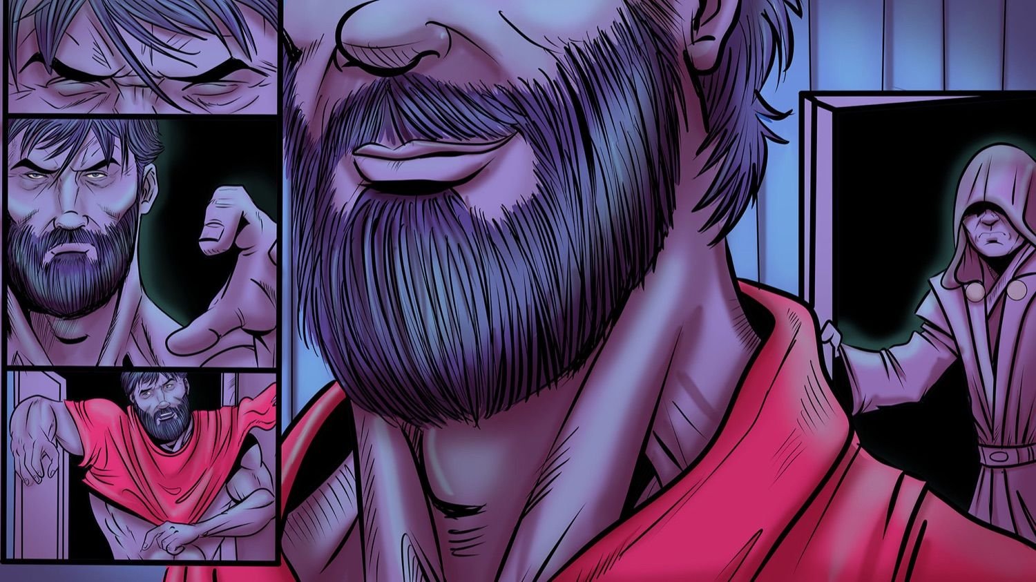 Character key art — a bearded warrior in red robes in the throne room