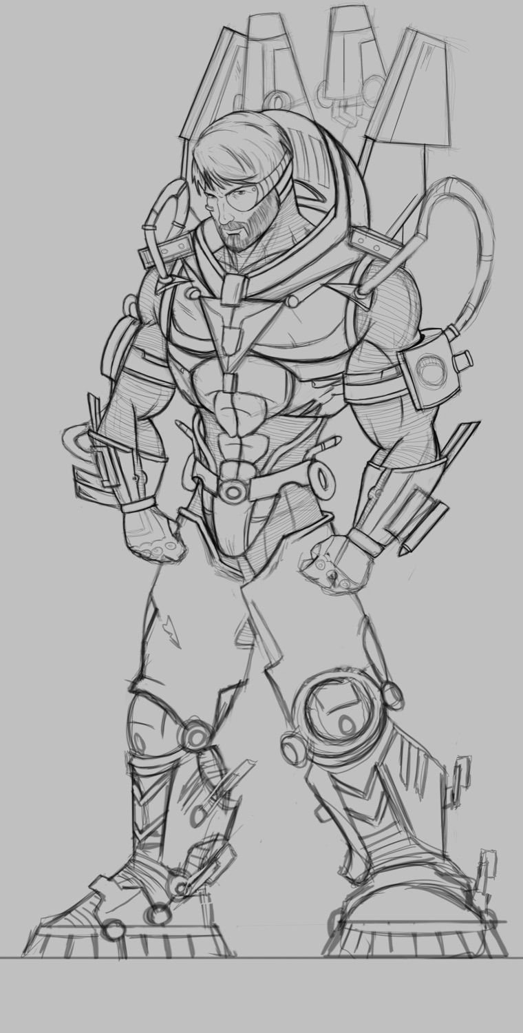 Pencil concept sketch of the armored hero, full body with jetpack